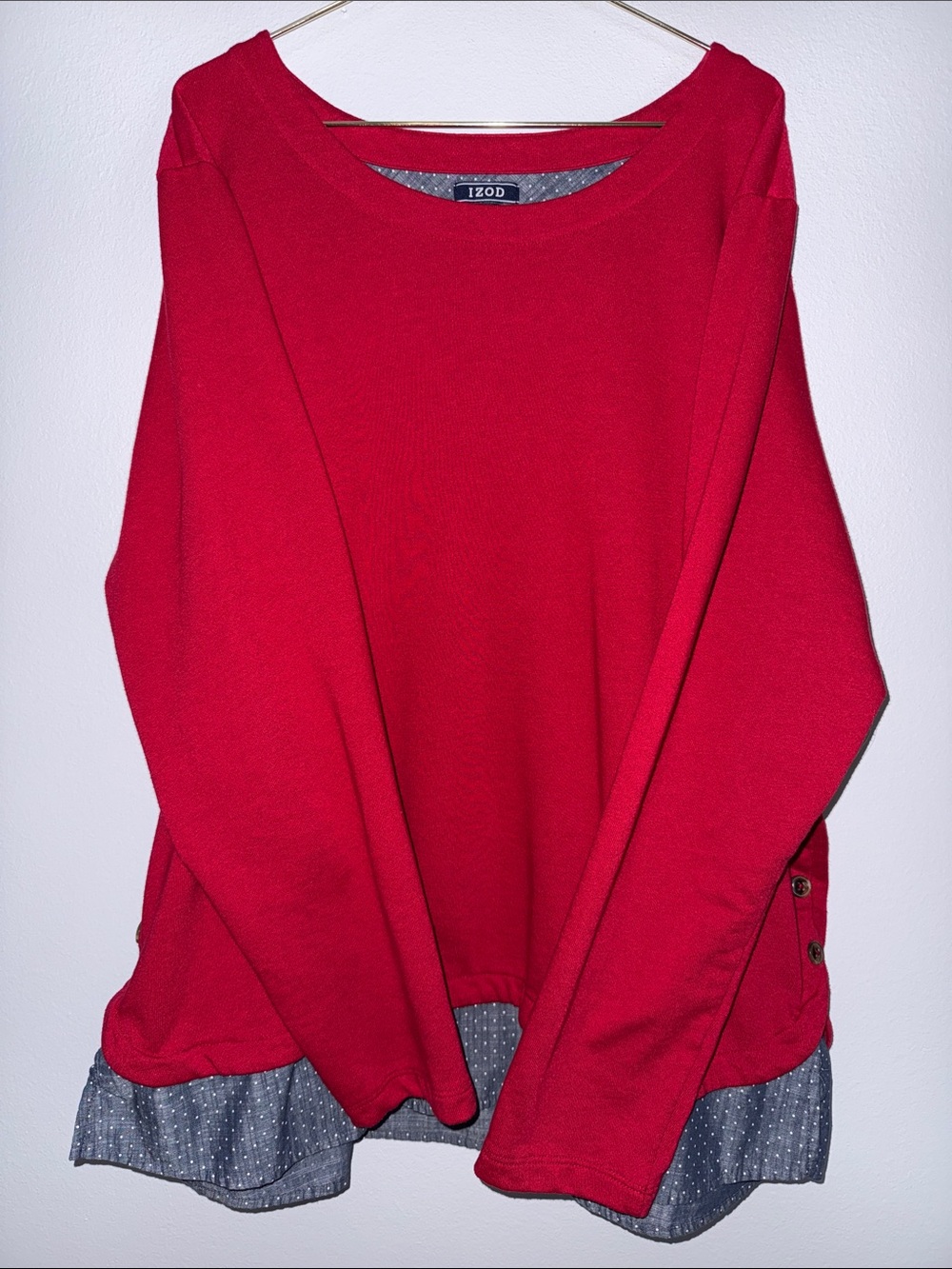 Izod Bright Red Women's Crewneck Sweater with Polka Dot Hem Trim